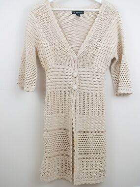 INC Open Weave Short Sleeve  Button Front Cotton Duster Long Sweater Size S